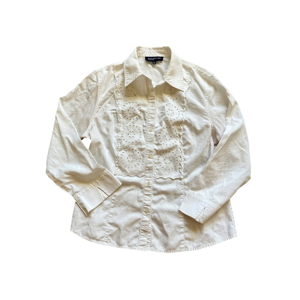 Cottagecore Jones New York Eyelet Scalloped White Button Down Shirt M Vintage